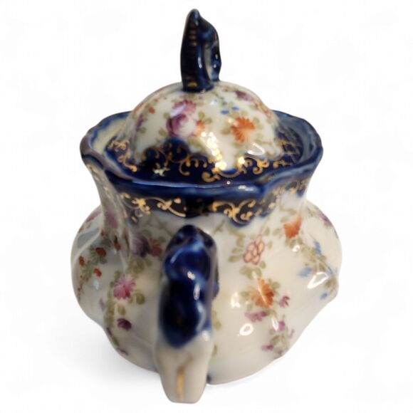 Vintage Creamer Pitcher & Sugar Bowl, Porcelain, Blue, Gold & Painted Flowers - Picture 10 of 15